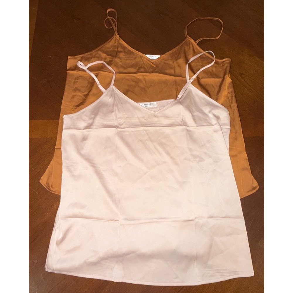 Ekouaer Women's Satin 2 Pack Silky Camisole V Neck Spaghetti Strap Tank Tops, L
